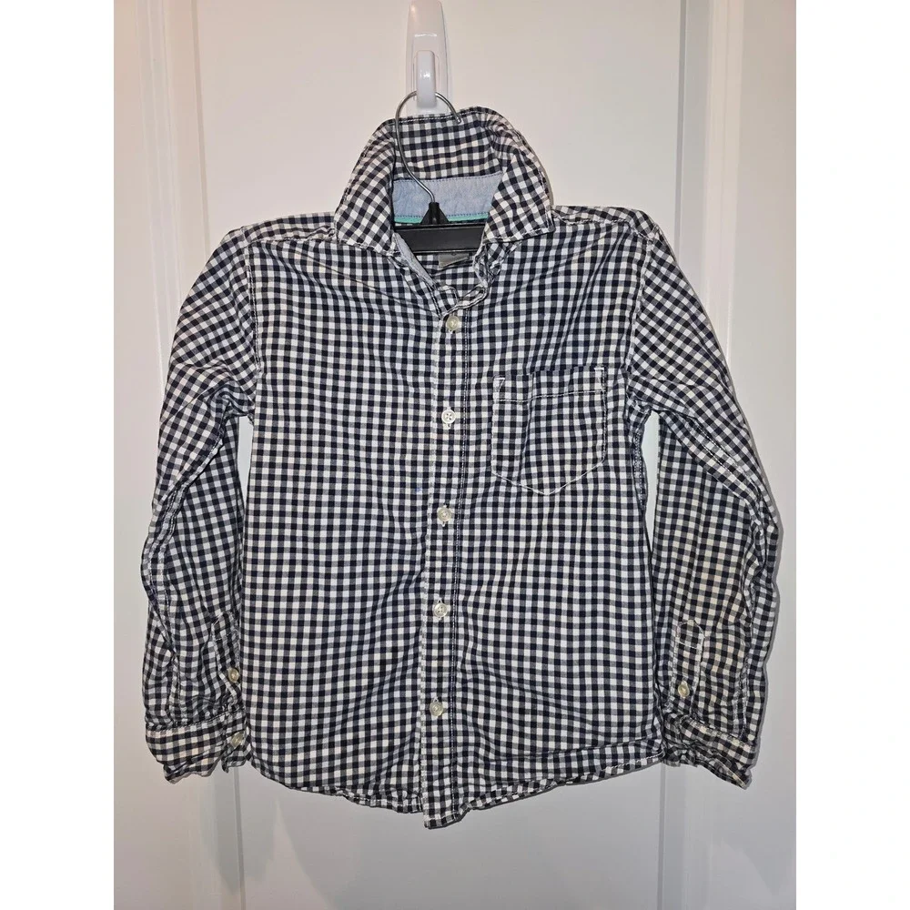 Carters Boys Navy Blue White Gingham Check Button Down Shirt Size 6 Long Sleeve‎